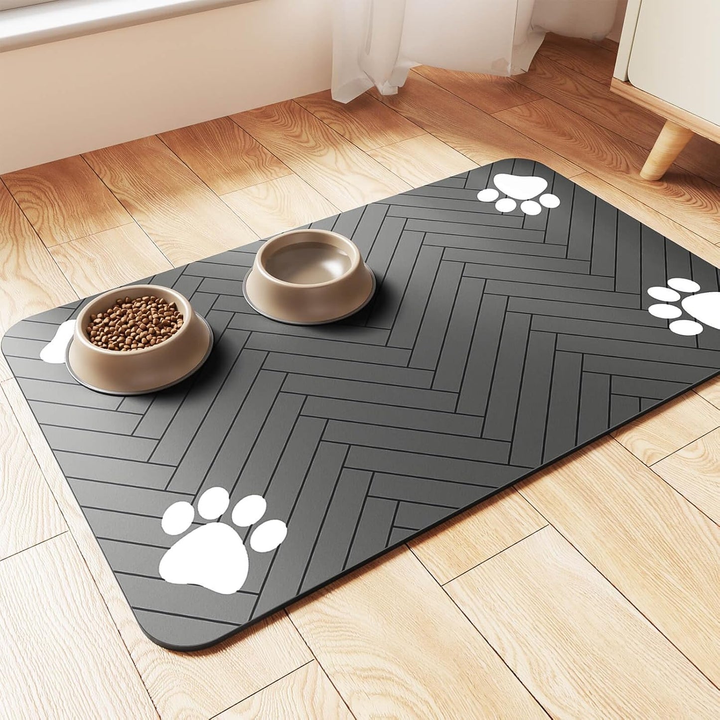 Pet Feeding Mat-Absorbent Pet Placemat for Food and Water Bowl, with Waterproof Rubber Backing, Quick Dry Water Dispenser Mat for Dog and Cat (20"x12", Striped Dark Gray) - Pawhive