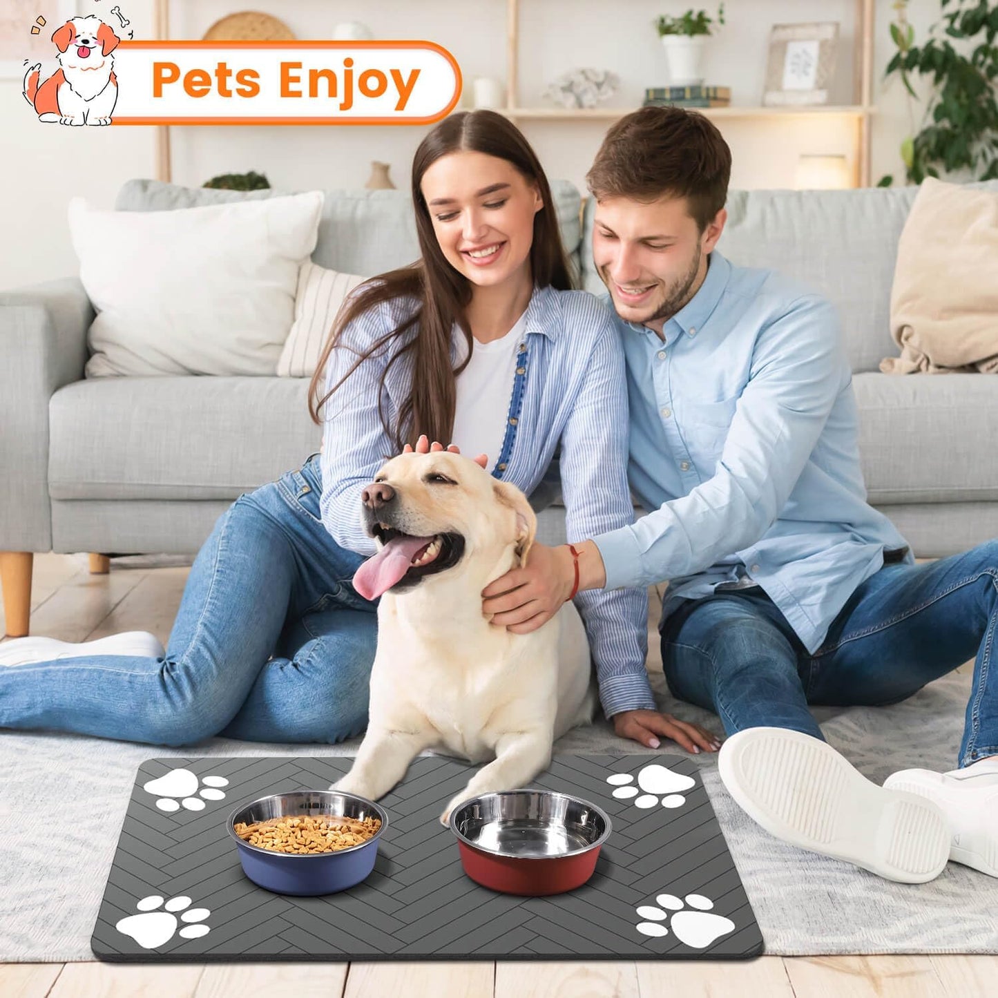 Pet Feeding Mat-Absorbent Pet Placemat for Food and Water Bowl, with Waterproof Rubber Backing, Quick Dry Water Dispenser Mat for Dog and Cat (20"x12", Striped Dark Gray) - Pawhive