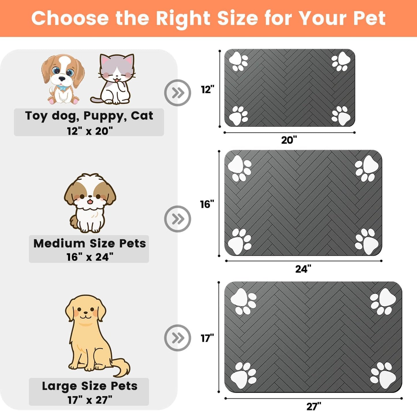 Pet Feeding Mat-Absorbent Pet Placemat for Food and Water Bowl, with Waterproof Rubber Backing, Quick Dry Water Dispenser Mat for Dog and Cat (20"x12", Striped Dark Gray) - Pawhive
