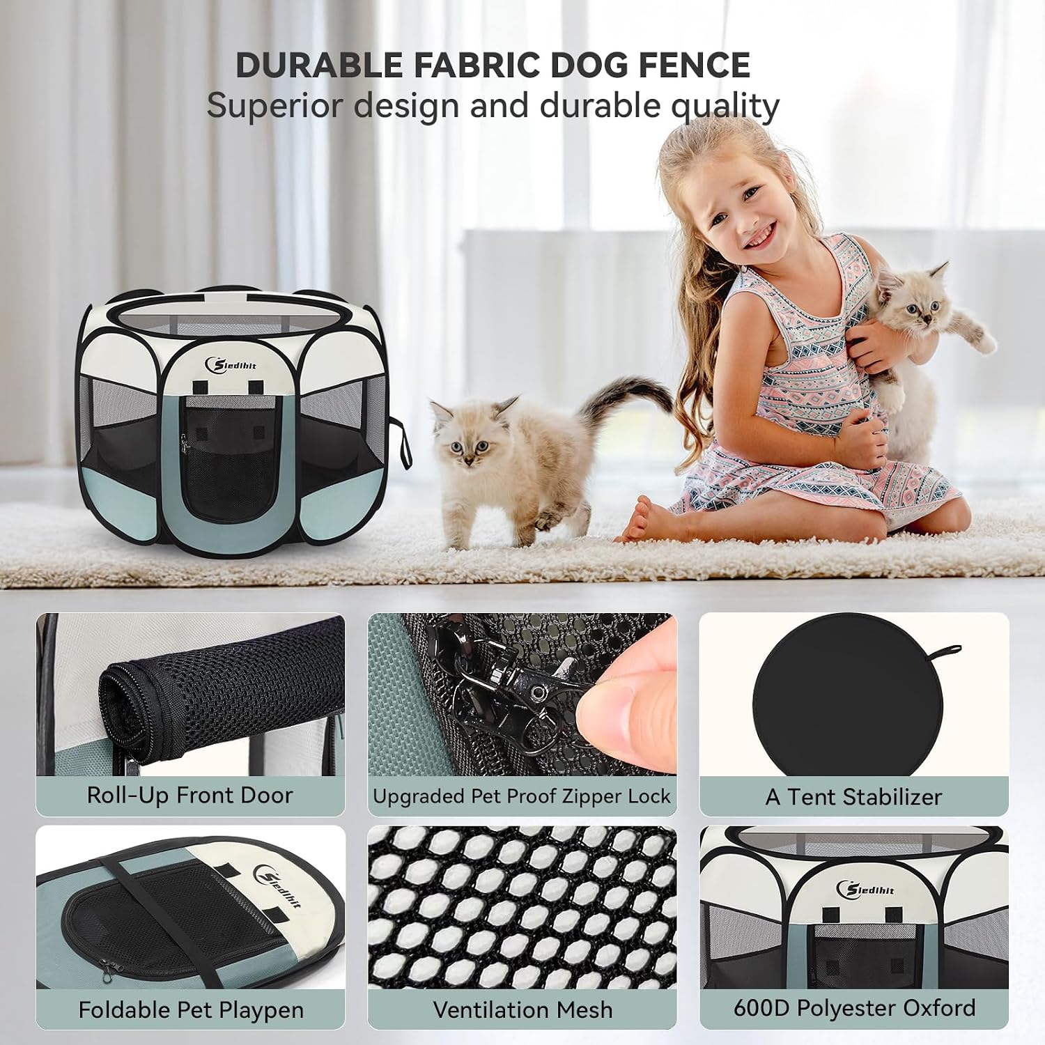 Siedihit Dog Cat Playpen, Puppy Pet Playpen Indoor for Small Dog Crate Tent Cage Outdoor, Portable Pop Up Dogs Enclosure Kennel with Carrying Case for Dogs/Cats/Rabbits(Grey, Small - Pawhive