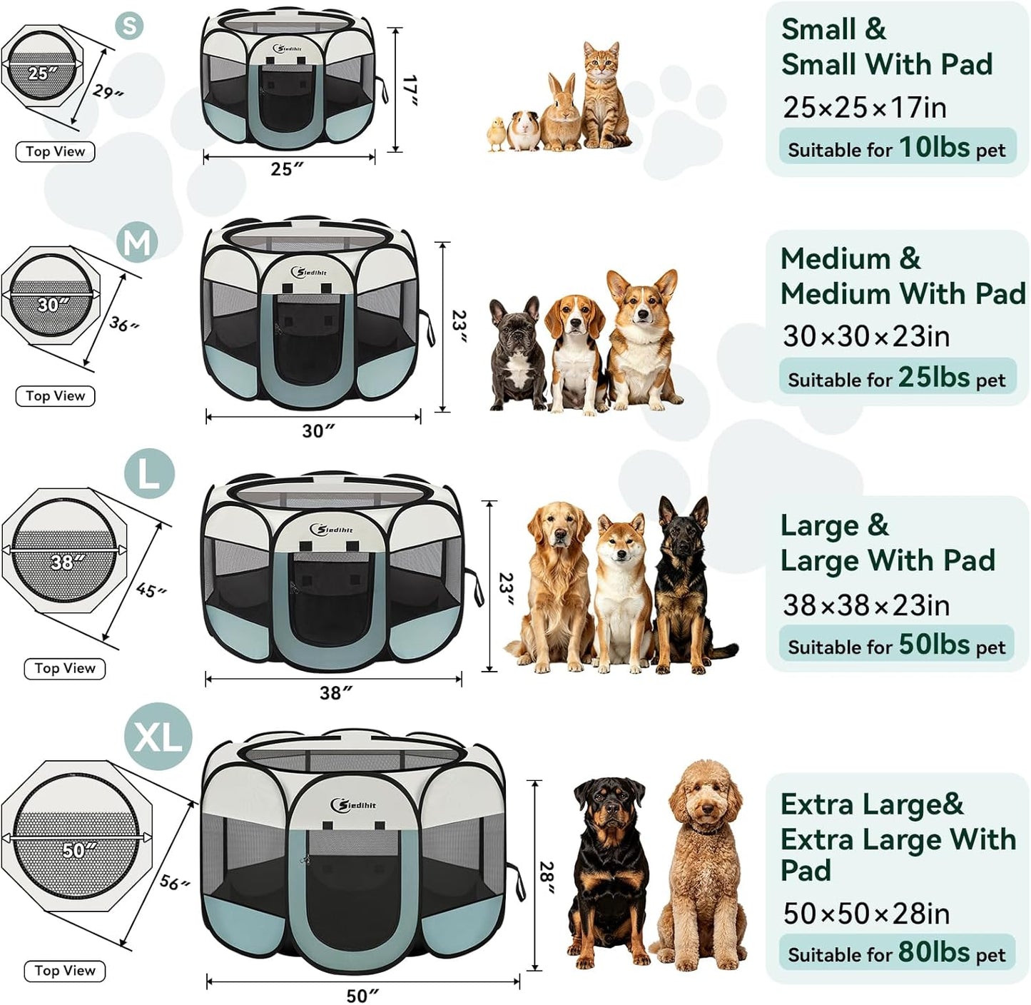 Siedihit Dog Cat Playpen, Puppy Pet Playpen Indoor for Small Dog Crate Tent Cage Outdoor, Portable Pop Up Dogs Enclosure Kennel with Carrying Case for Dogs/Cats/Rabbits(Grey, Small - Pawhive