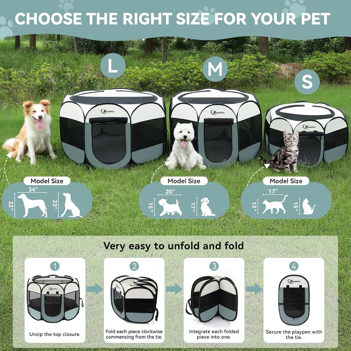Siedihit Dog Cat Playpen, Puppy Pet Playpen Indoor for Small Dog Crate Tent Cage Outdoor, Portable Pop Up Dogs Enclosure Kennel with Carrying Case for Dogs/Cats/Rabbits(Grey, Small - Pawhive