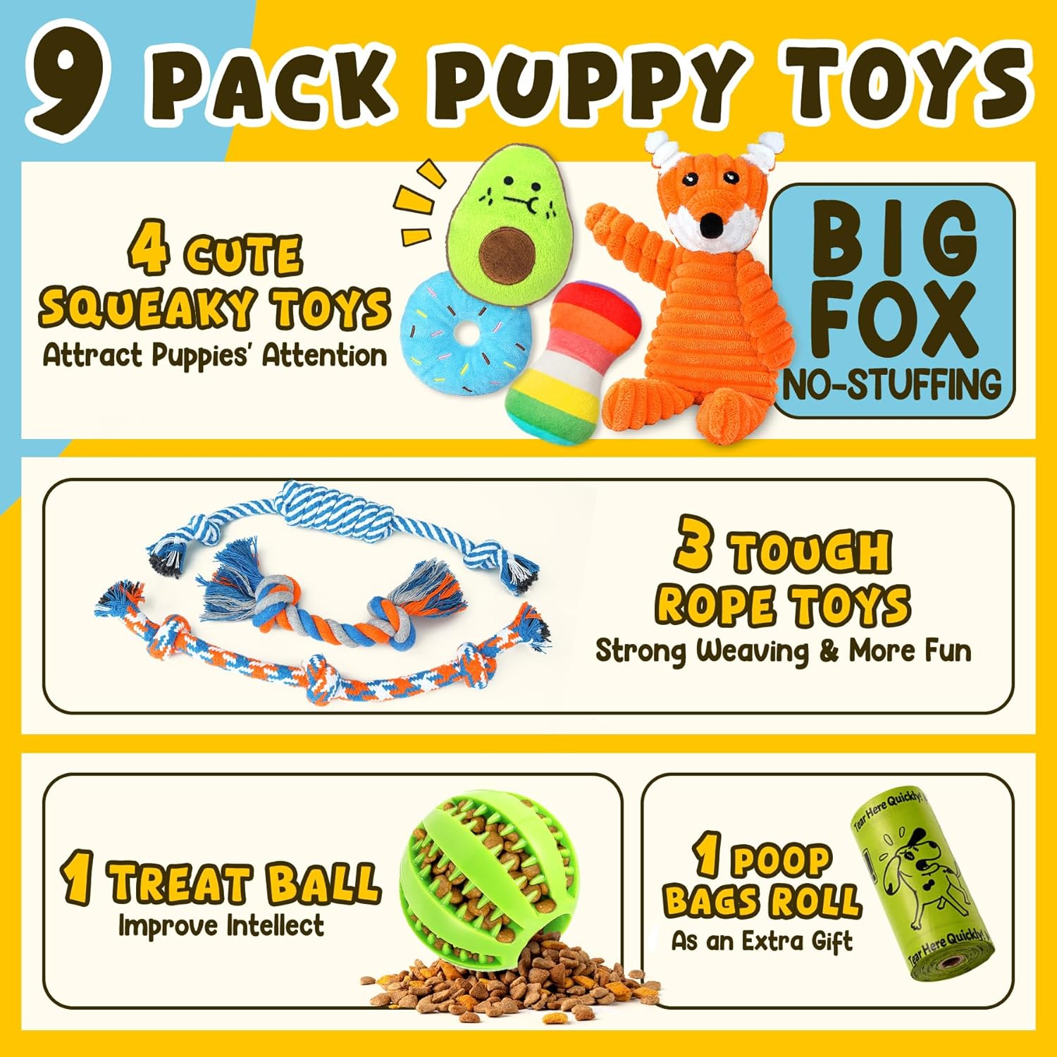 Zeaxuie 9 Pack Luxury Puppy Toys for Teething Small Dogs, Puppy Chew Toys with Cute Squeaky Dog Toys, Ball and More Rope Dog Chew Toys - Pawhive